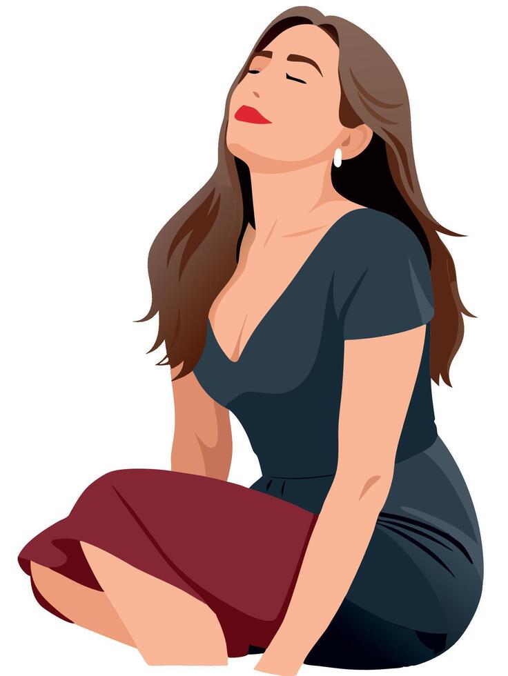 Beautiful young woman closing her eyes and taking a deep breath of fresh air- vector
