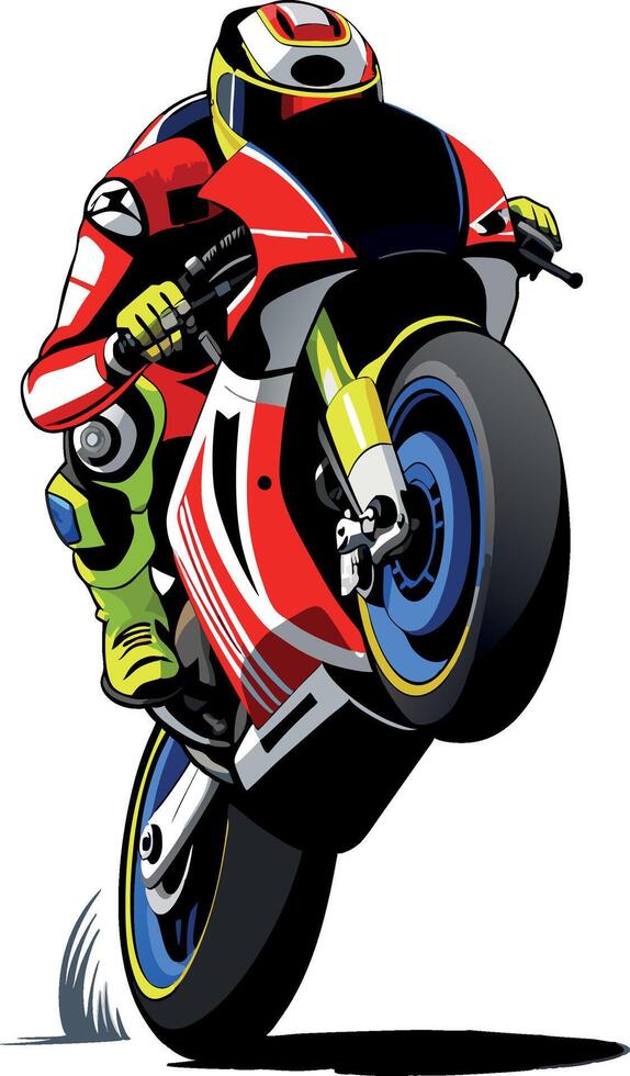 motocicleta corredor ejecutando un caballito en un poderoso Deportes bicicleta vector