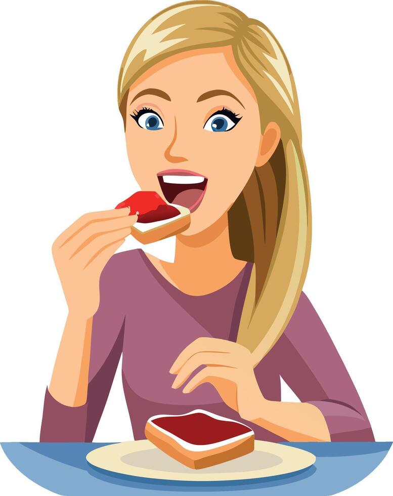 Blonde woman eating toast with jam vector