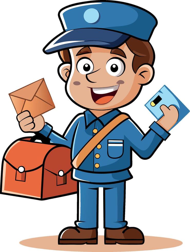 Friendly postman holding envelope and small package wearing uniform and smiling vector