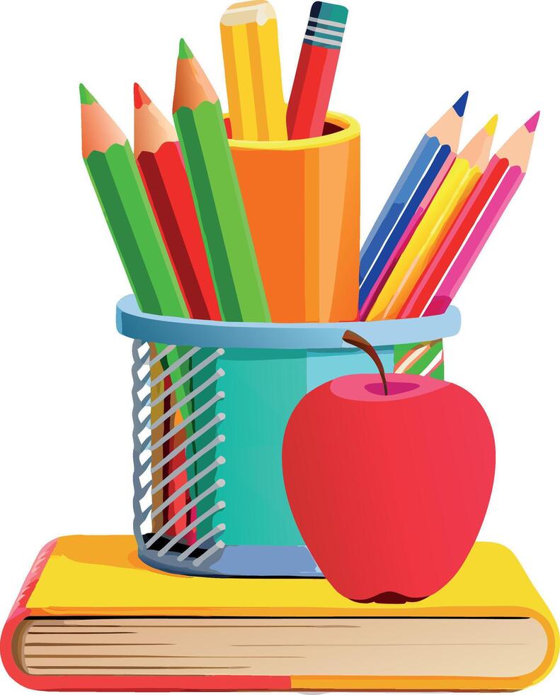Bright colored pencils in a can sitting on books for school vector