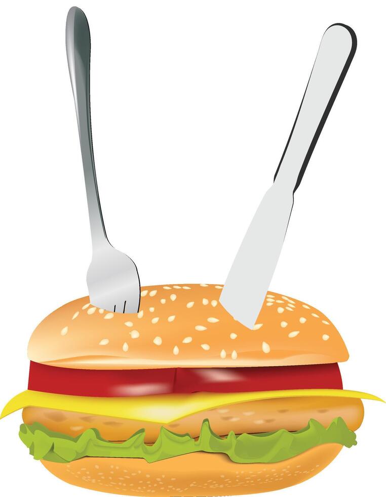 Knife and fork piercing delicious cheeseburger isolated on white background vector