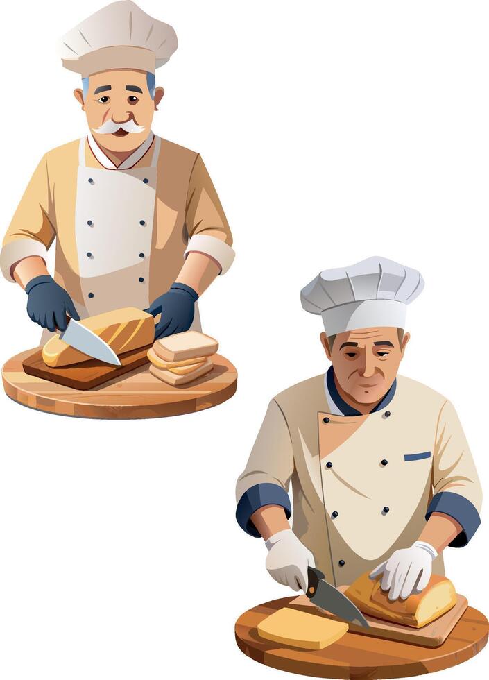 Baker slicing loaf of bread on cutting board with cheese- vector