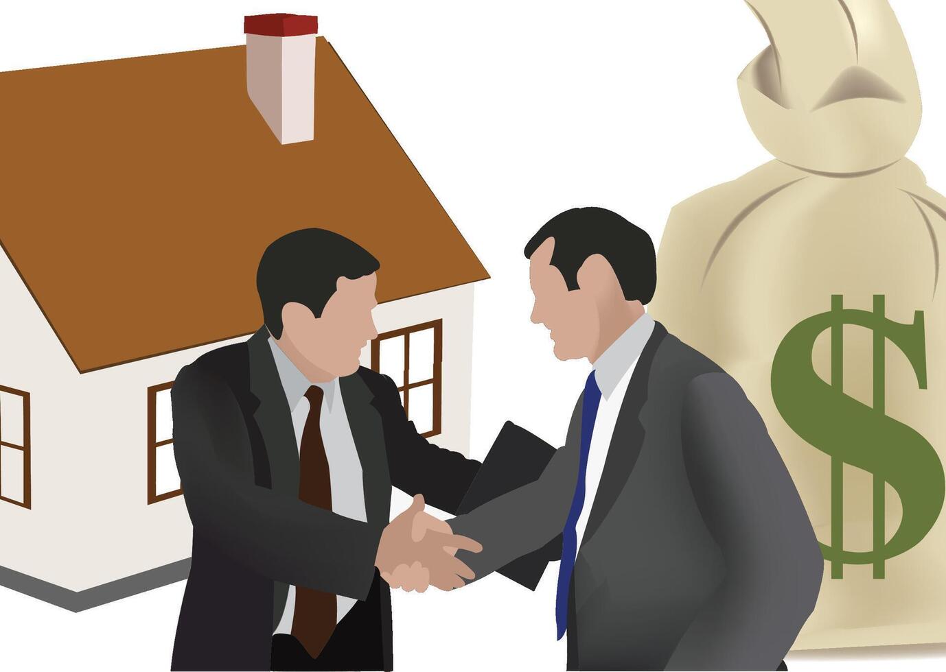 Two businessmen shaking hands in front of house and money bag vector