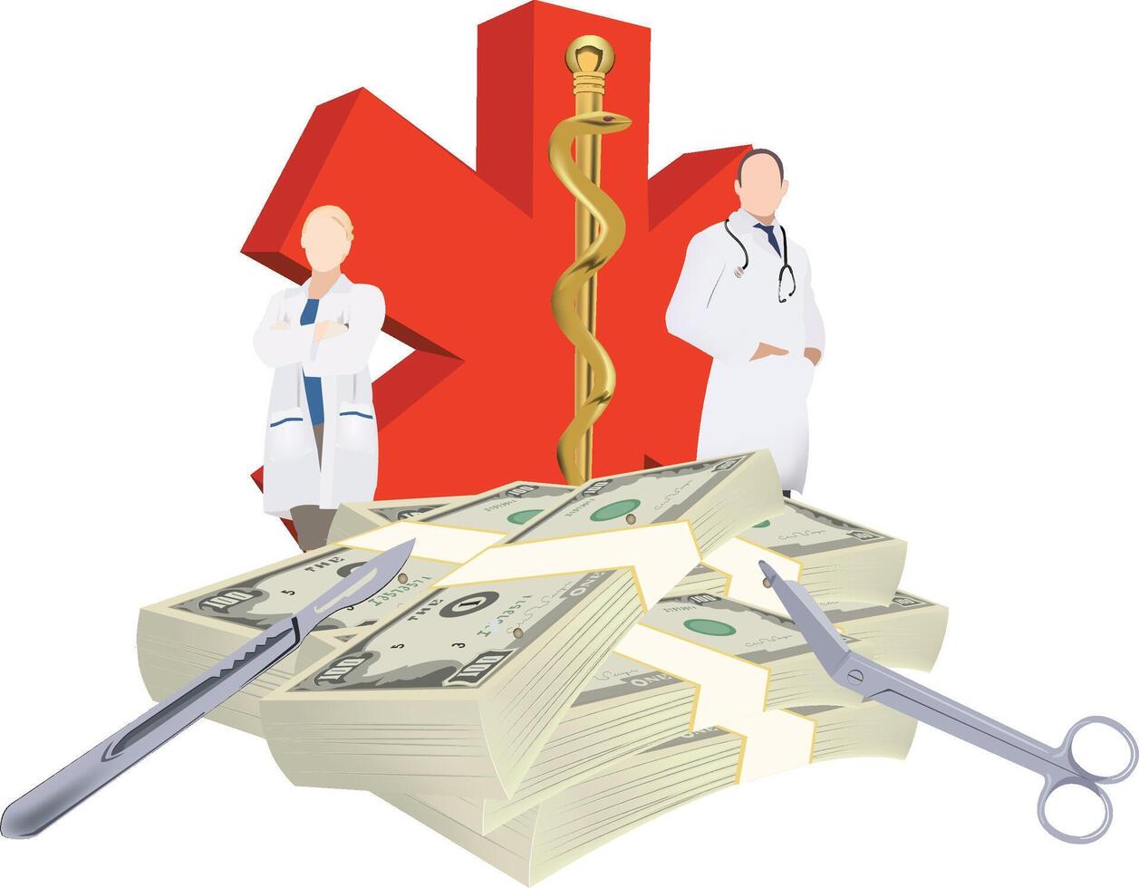 Doctor and nurse standing next to a stack of money and medical symbol vector