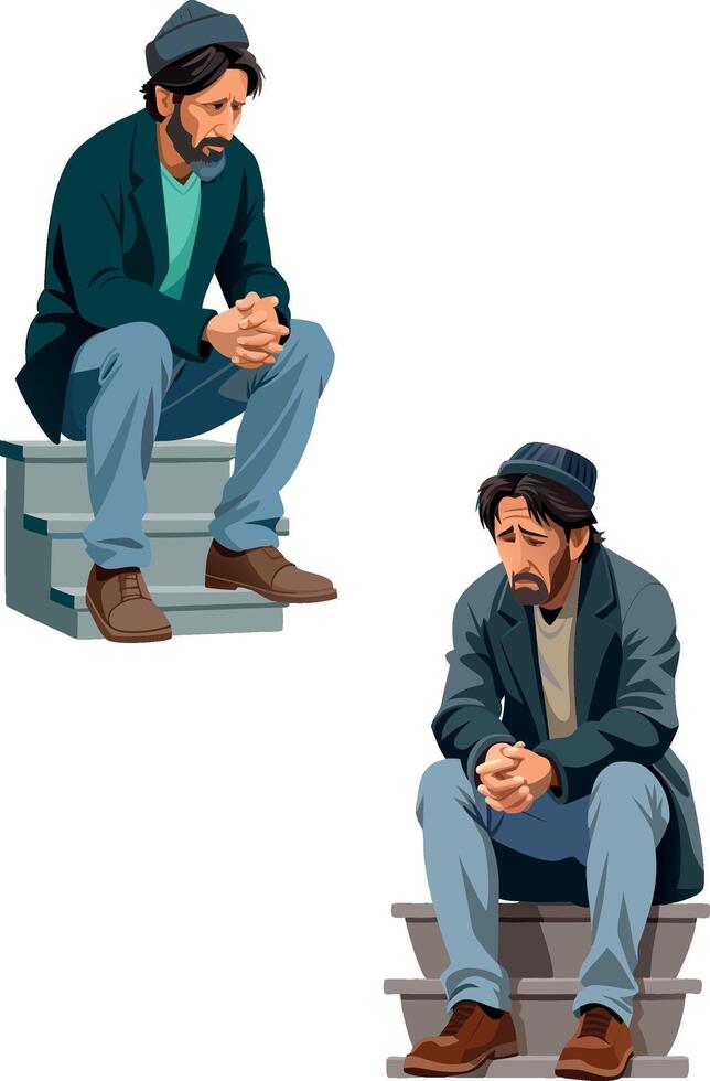 figures of sad men sitting on the stairs holding their hands together- vector