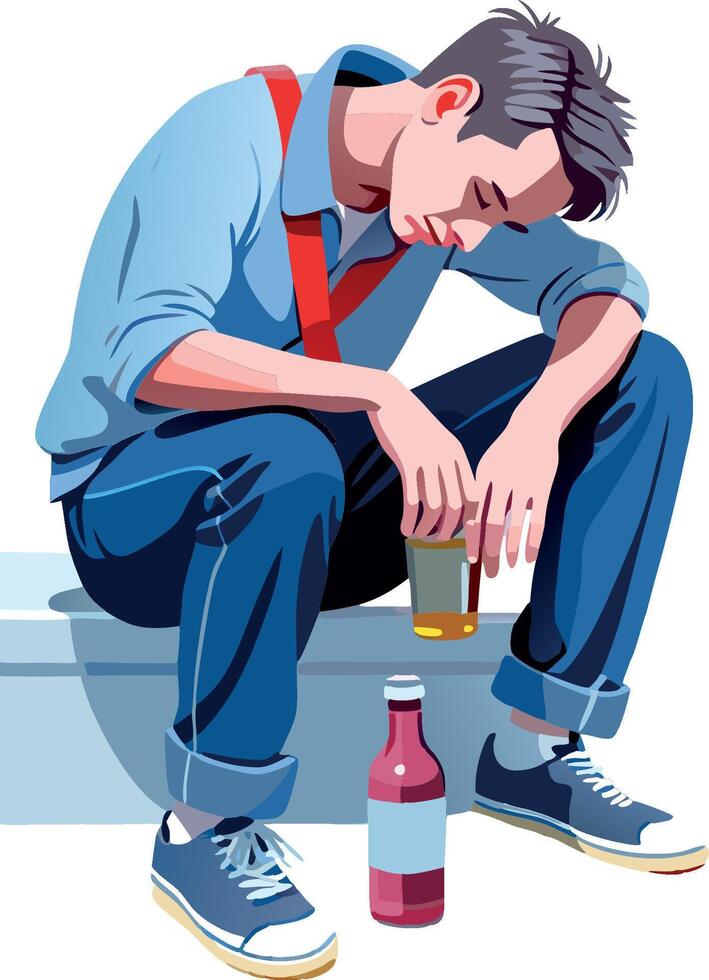Young construction worker feeling depressed sitting on a sidewalk holding a beer bottle vector