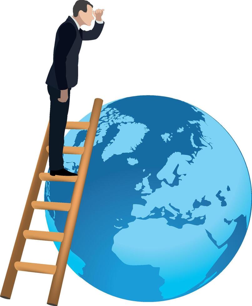 Businessman standing on ladder looking for business opportunities on planet earth vector