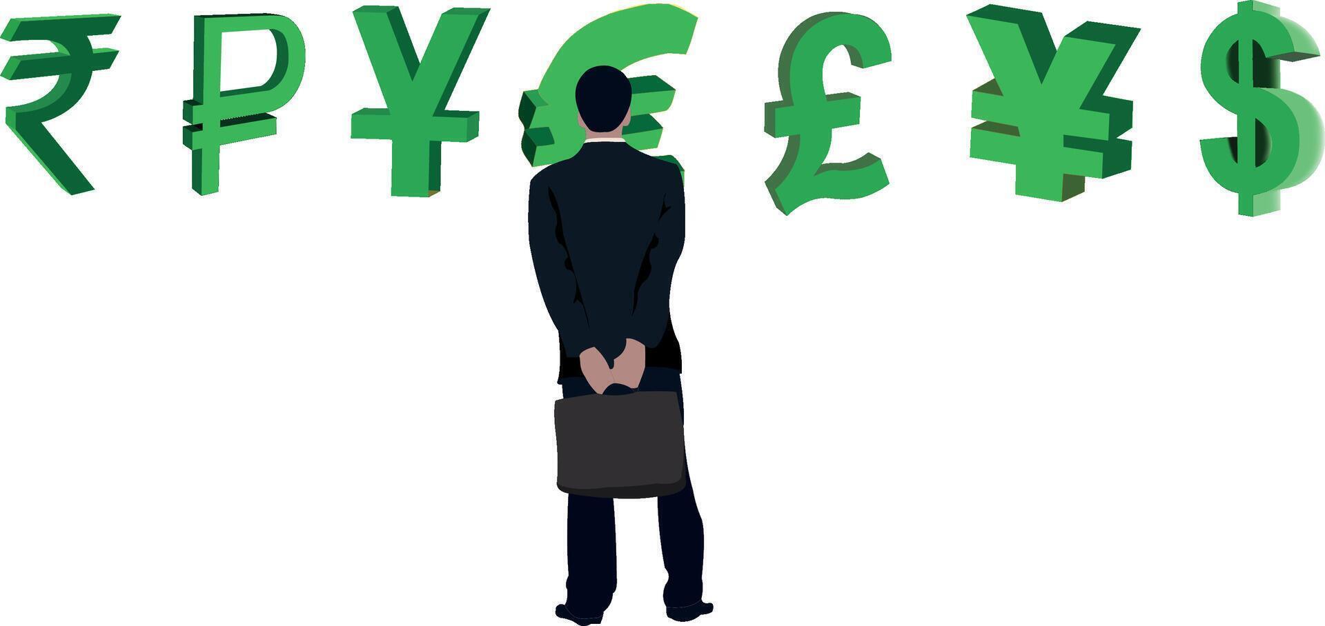 Businessman in a suit looks at floating currency symbols, reflecting on global finance vector