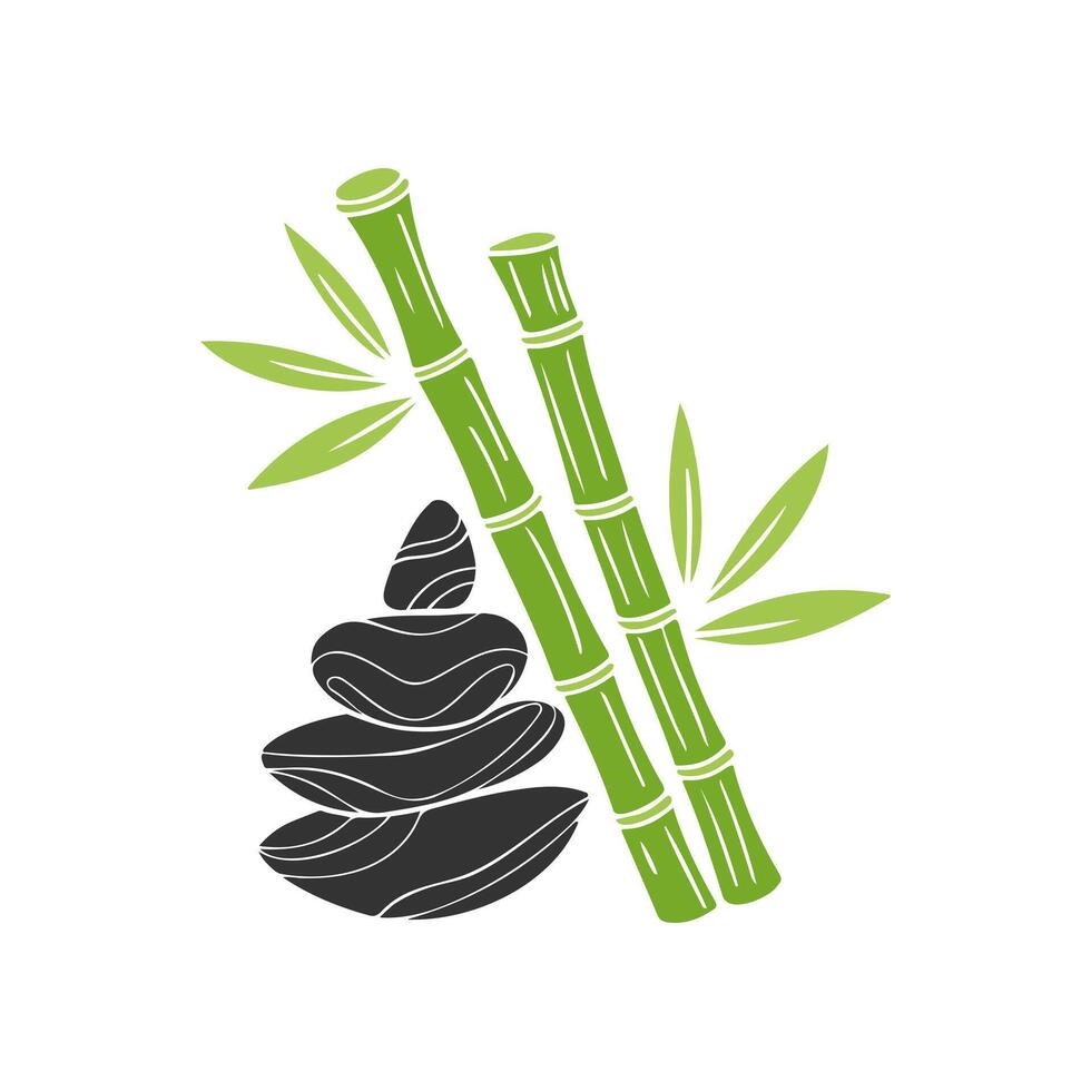 serene arrangement of bamboo shoots and smooth stones symbolizing tranquility and balance in nature, silhouette stylized drawing green and gray colors. For spa logo icon emblem. vector