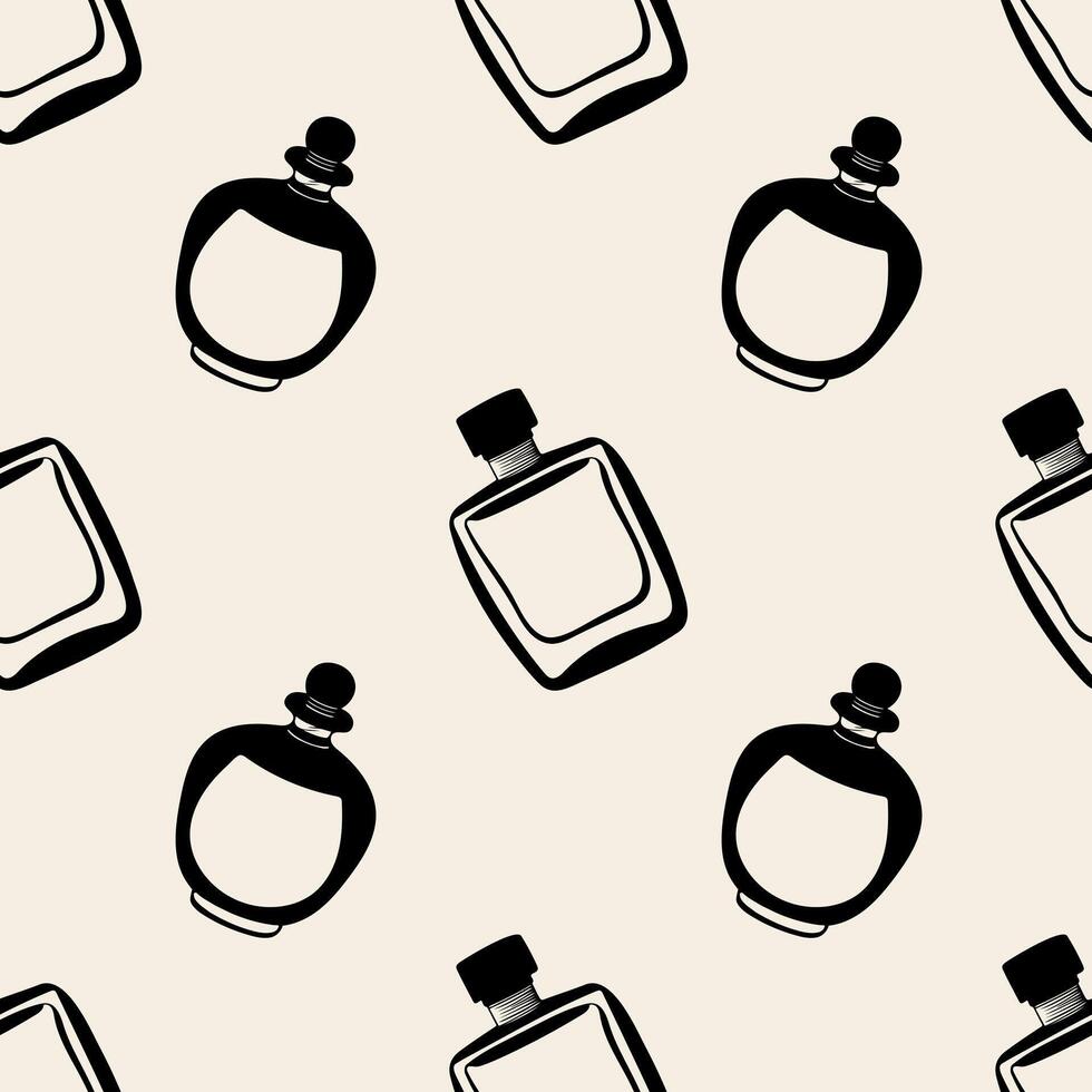 Dark outline pattern of various perfume bottles on beige background, perfect for cosmetic design projects or fashion layouts and packing. vector