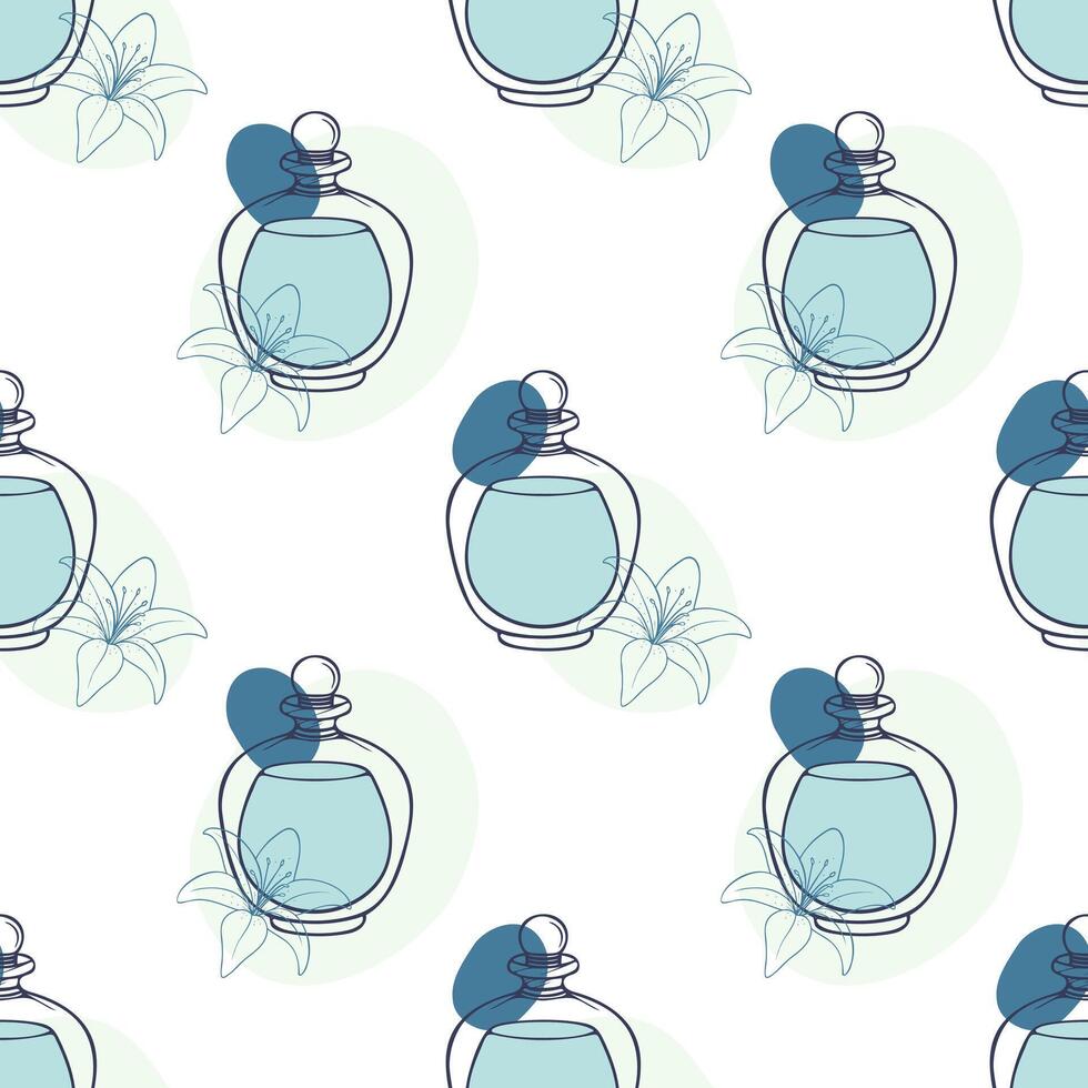 Elegant perfume bottles pattern, with lily in minimalist style featuring soft blue colors and simple line art, in boho style. vector