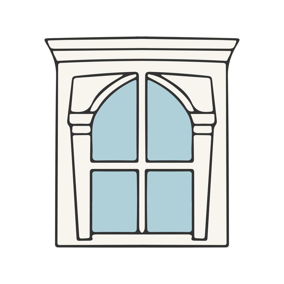 Charming window drawing with blue panes and decorative crown molding, showcasing classic architectural design in cozy interior setting vector