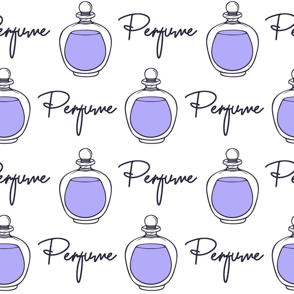Perfume bottles pattern, with lettering, in minimalist style featuring soft purple violet colors and simple line art. For packaging. vector