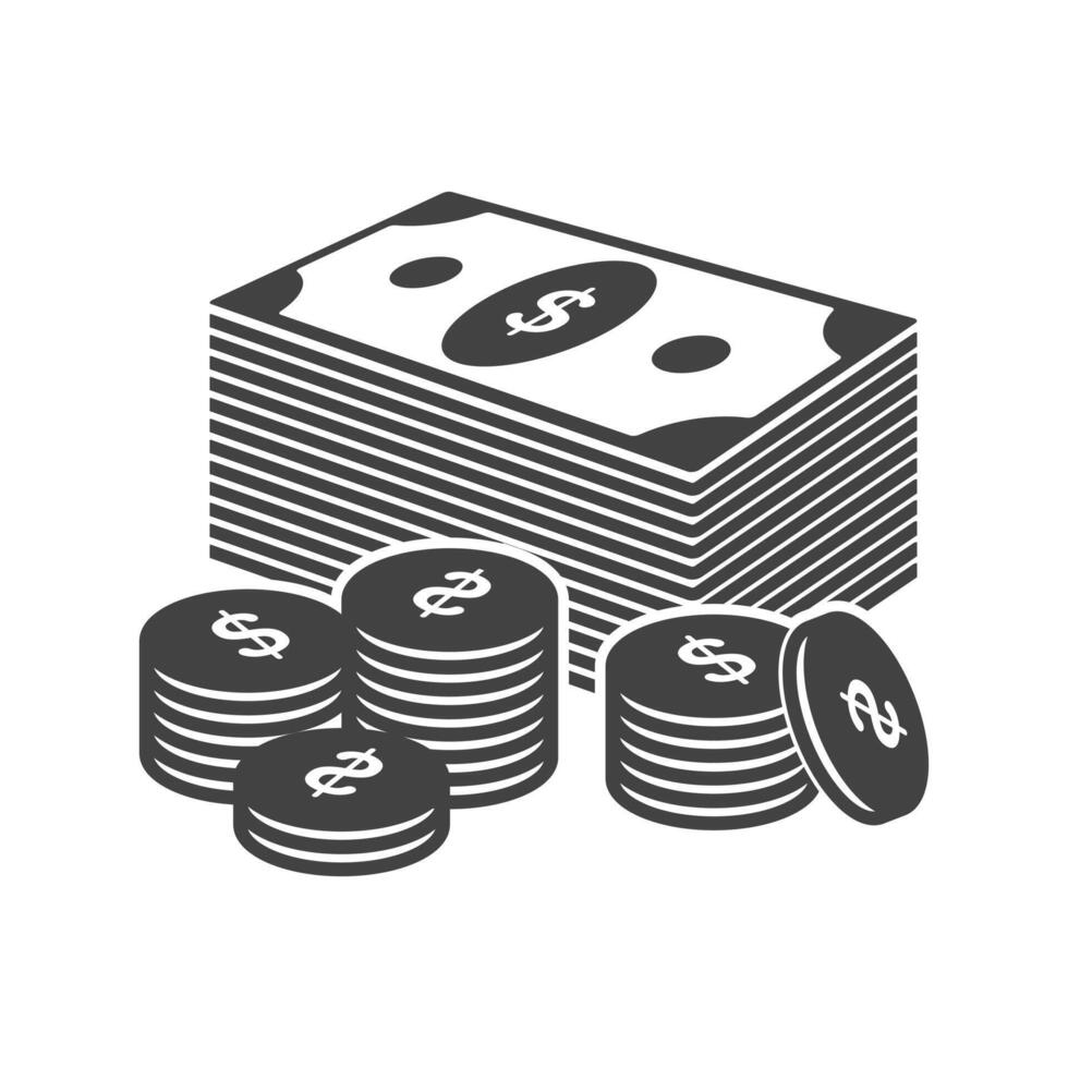 Banknotes cash stack dollar and coins cents icons. Money currency bill silhouette. design elements isolate vector