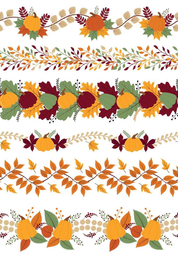 Seamless autumn hand-drawn borders set vector