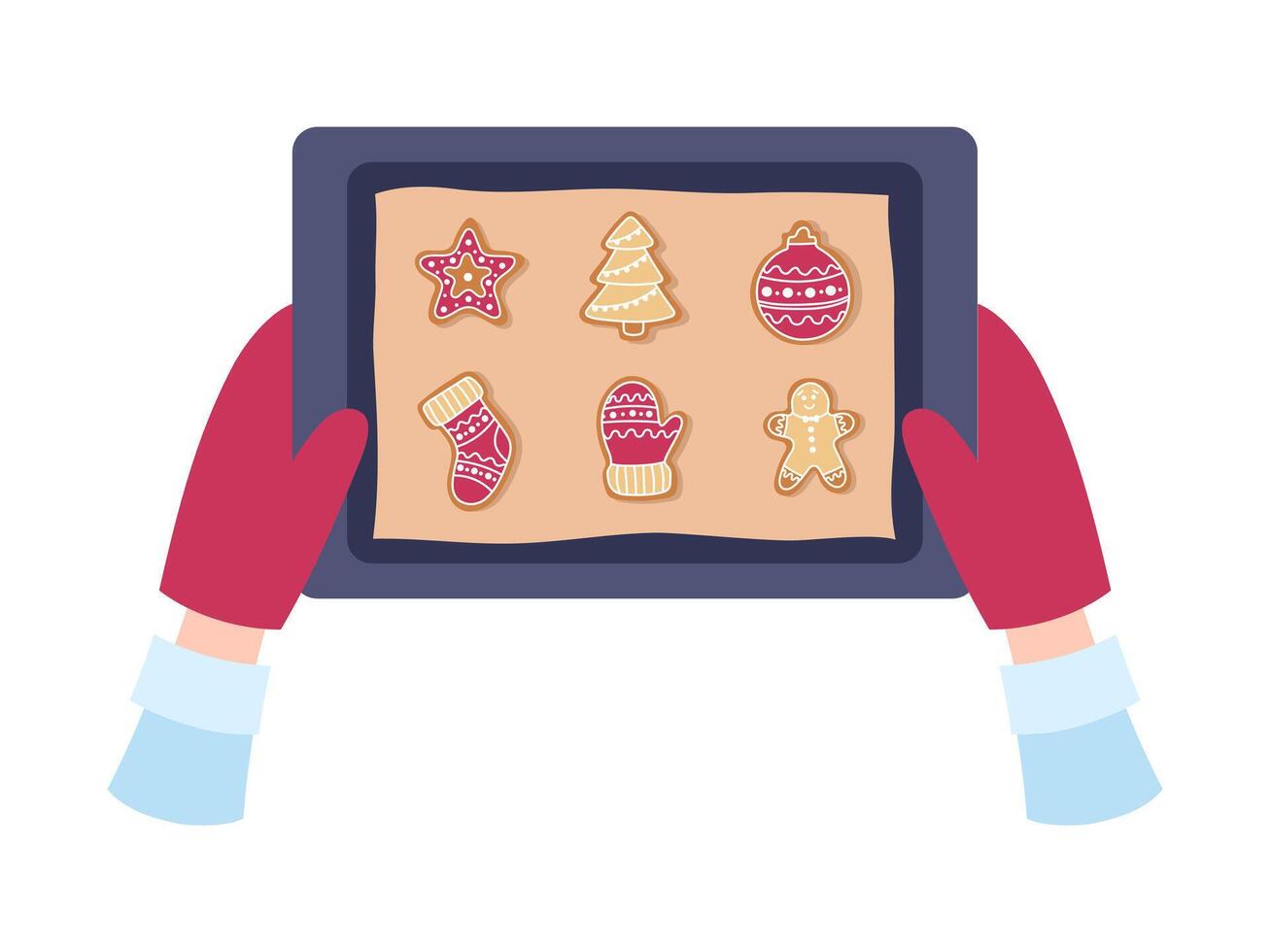 Hands in gloves hold a baking sheet with gingerbread, cookies. Christmas, New Year. Hand drawn illustration. vector