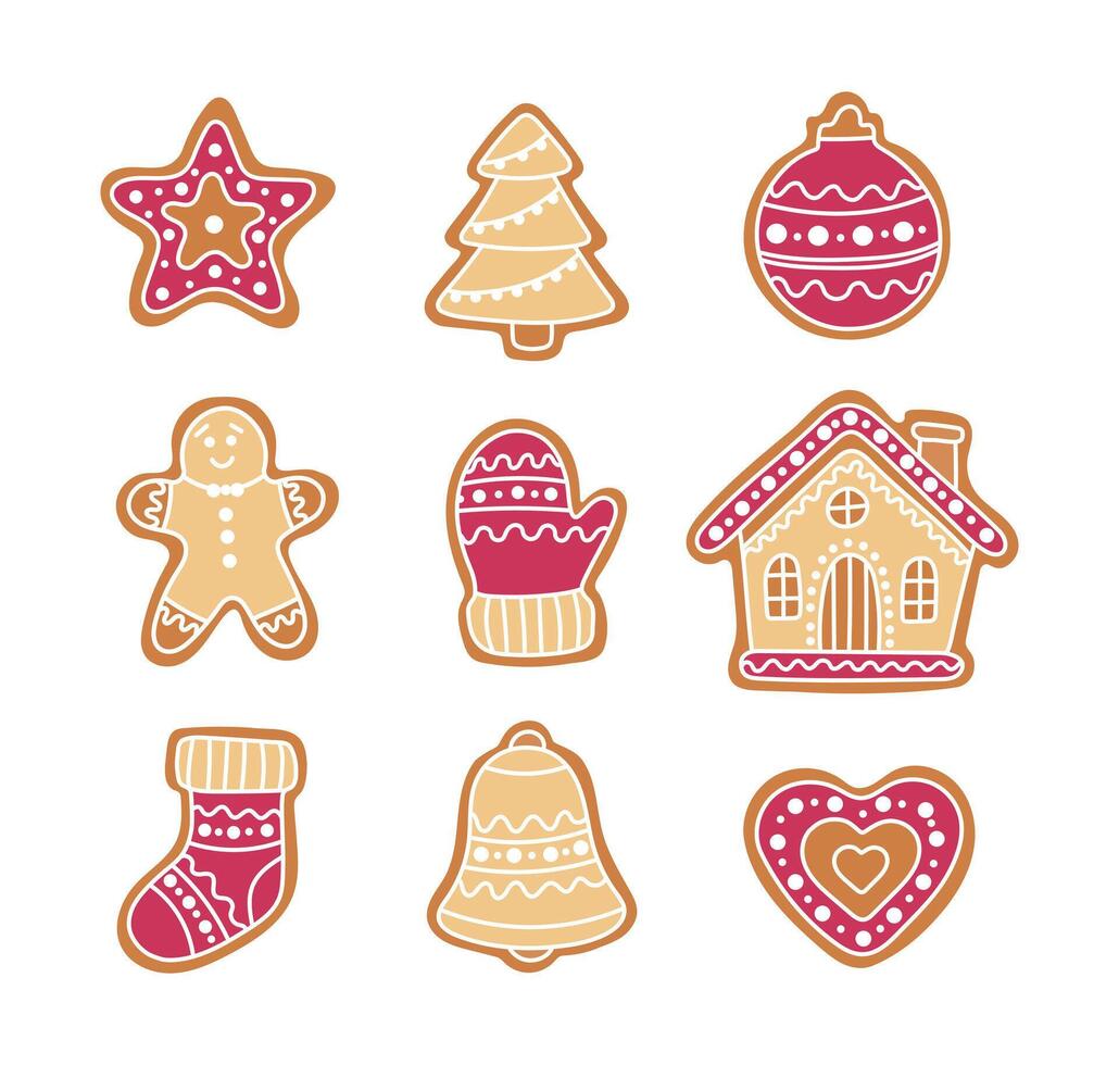 Set of Homemade Christmas cookies, gingerbread with sugar icing. Star, fir trees, Christmas tree toy, gingerbread man, glove, gingerbread house, sock, bell, heart. Set of illustrations. vector