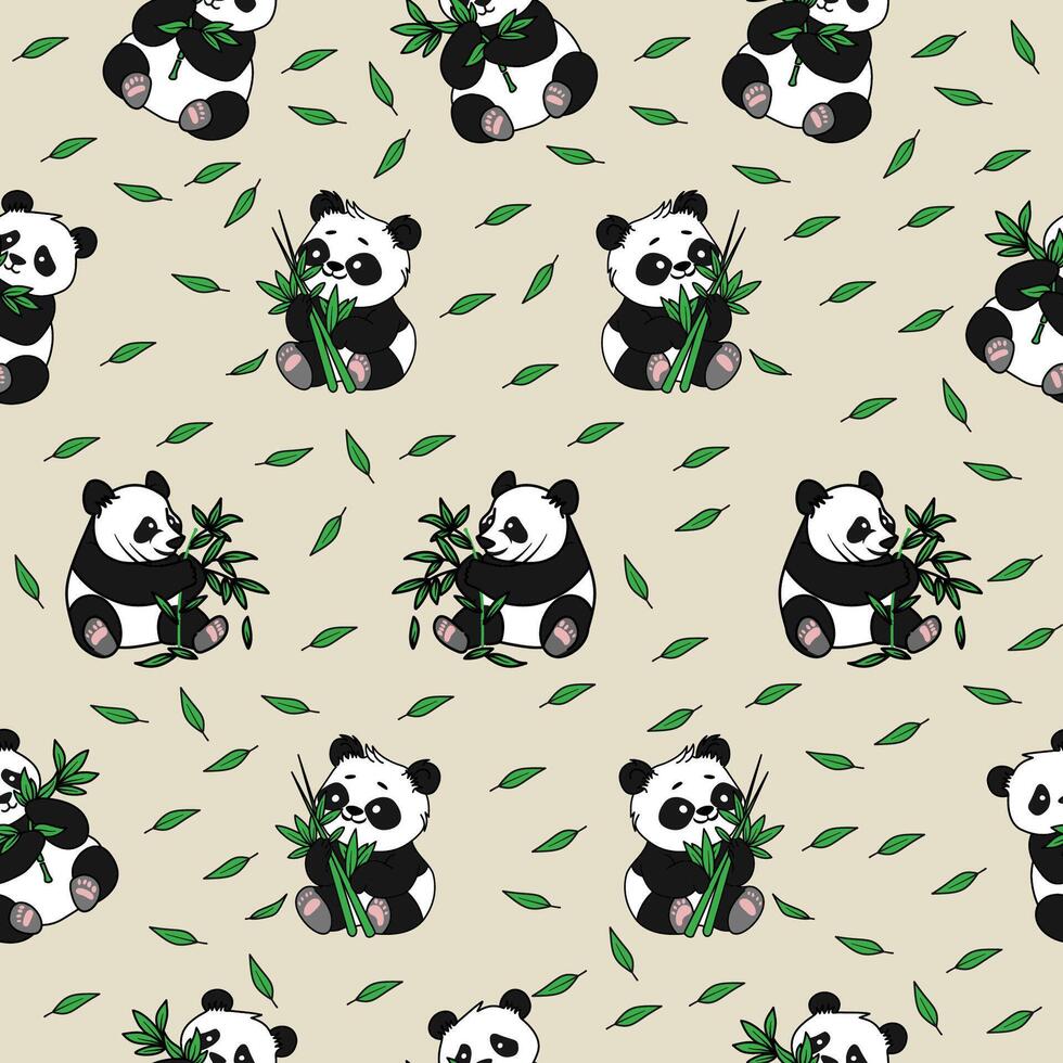 seamless pattern cute panda holding bamboo vector