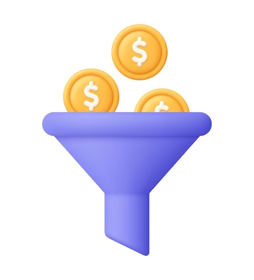 Funnel and coins with dollar sign. Money filter. Online marketing, digital investment, sales, finance and business concept. 3d icon. Cartoon minimal style. vector
