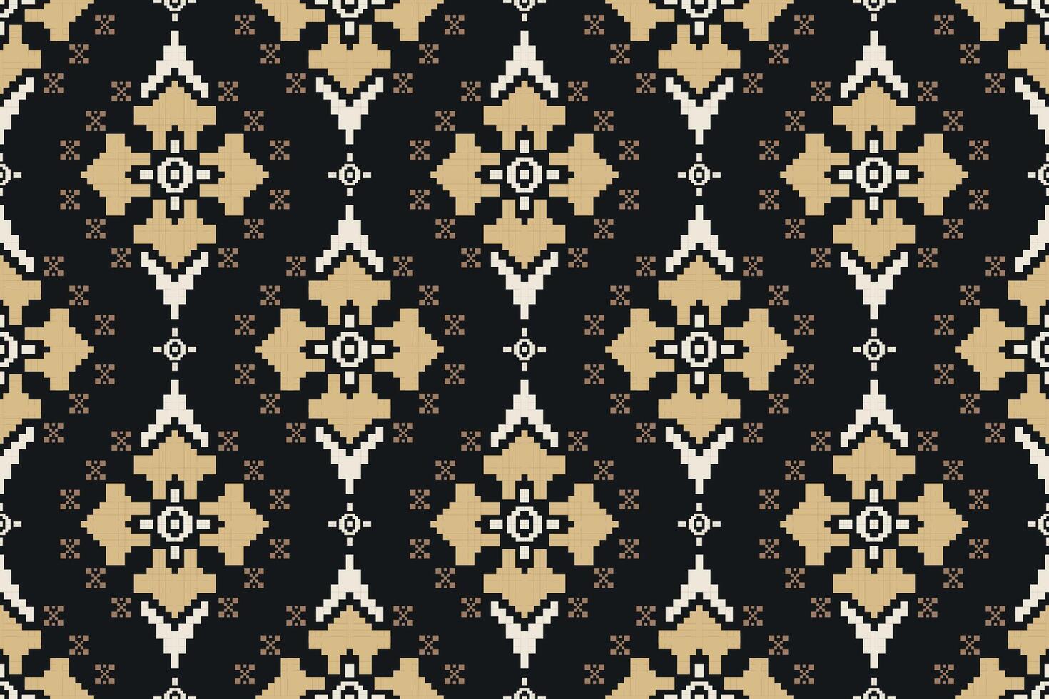 Seamless pixel art pattern with beige geometric shapes on a black background, inspired by traditional tapestry designs. Perfect for textiles, wallpapers, digital designs, and creative backgrounds. vector