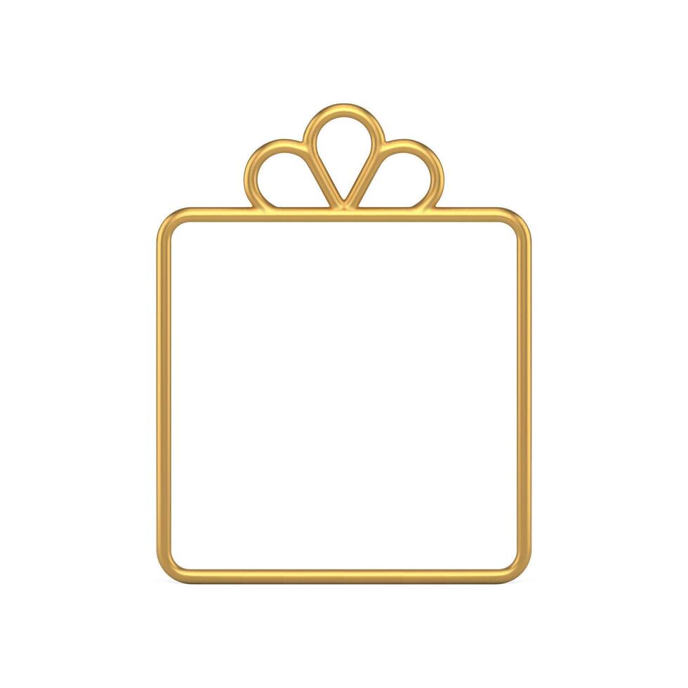 Simple glossy metallic golden frame festive square gift box with bow contoured decorative design vector