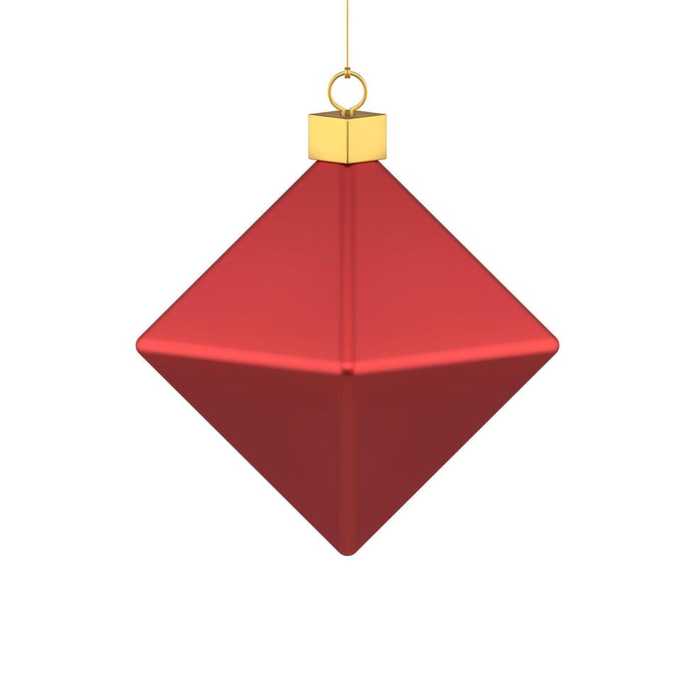 Traditional Christmas tree metallic bauble polygonal rhombus red glossy toy hanging on golden rope vector