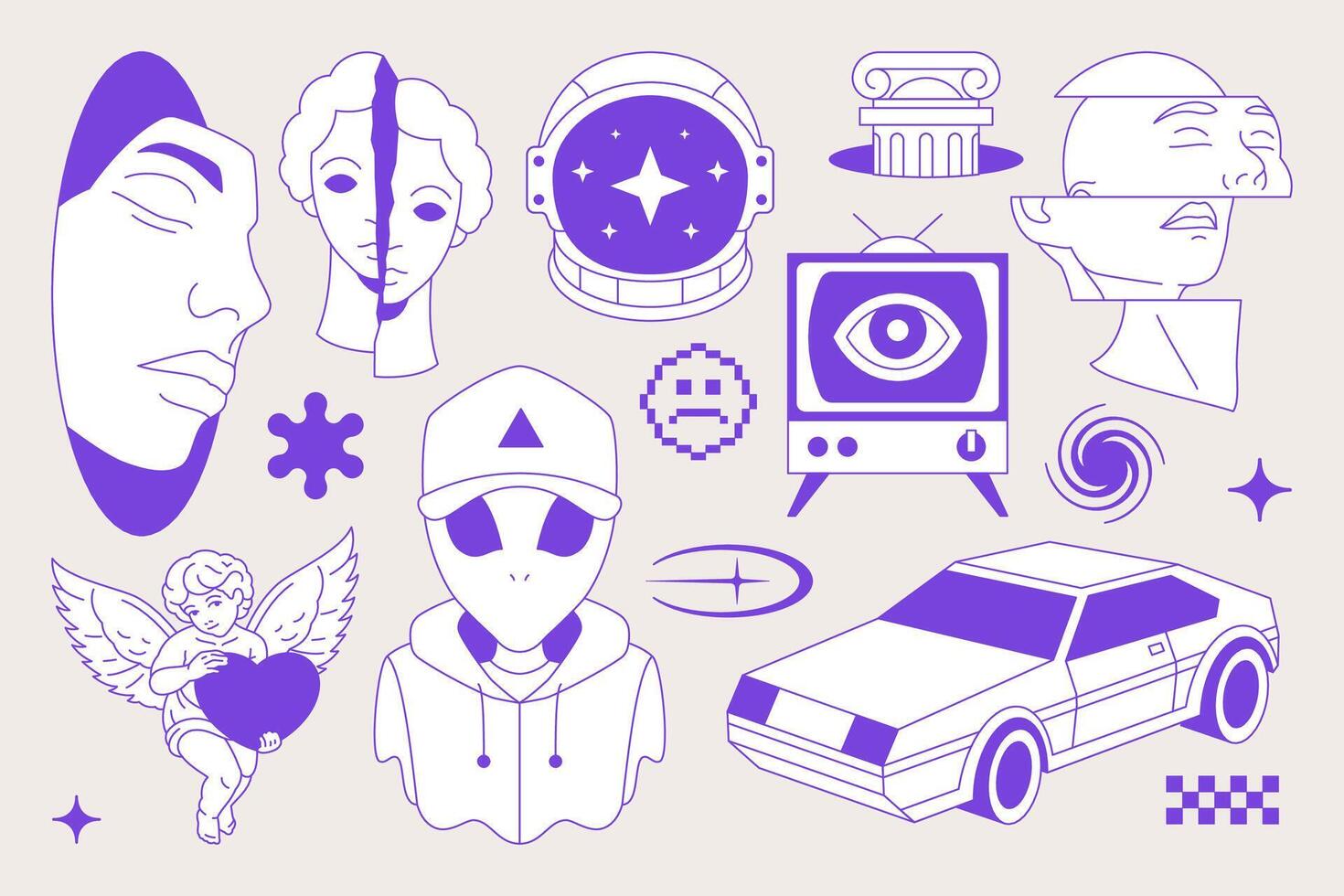 Y2k neo gothic psychedelic blue sketch comic retro groovy icon set flat illustration vector