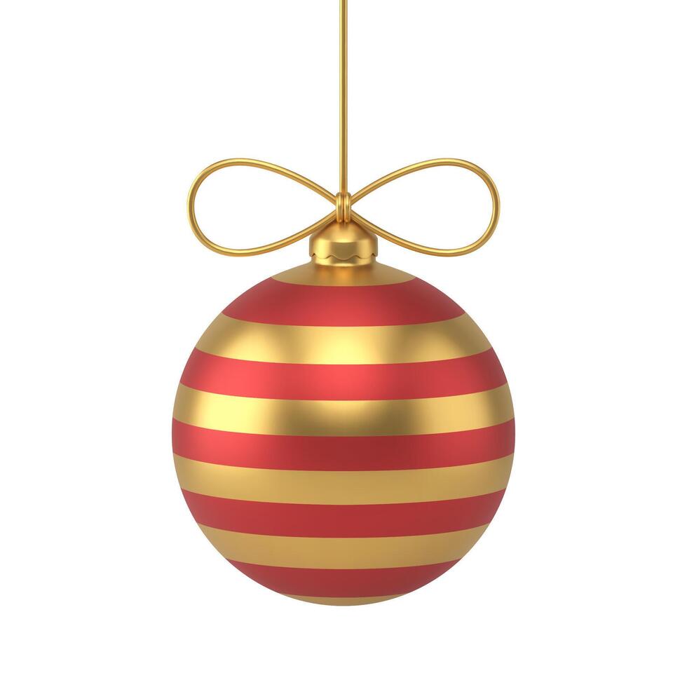 Bright shining golden and red metallic luxury decorative ball with bow and rope hanging 3d vector
