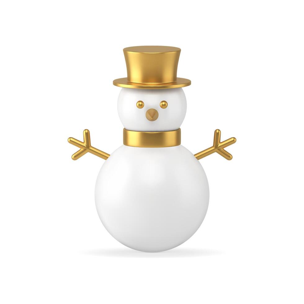 Realistic cute snowman bauble in golden metallic gloss hat and design elements 3d template vector