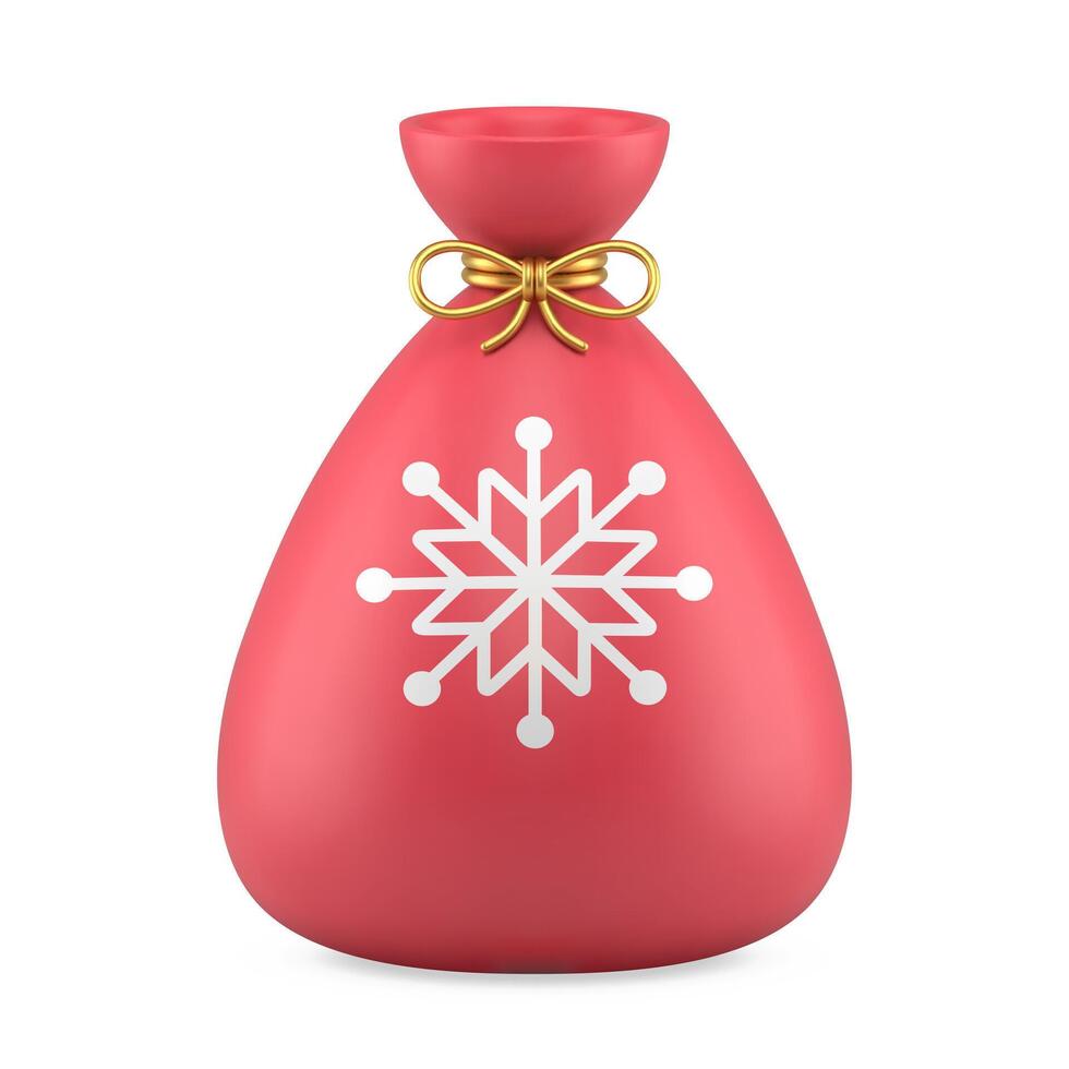 Realistic Christmas toy red sack full of presents with snowflake image and golden tissue bow vector