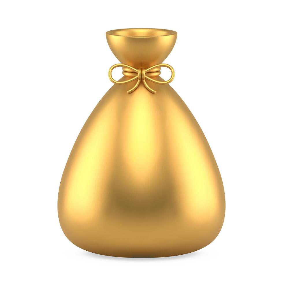 Expensive metallic glossy sack full of Xmas gifts tied by golden shiny ribbon 3d template vector