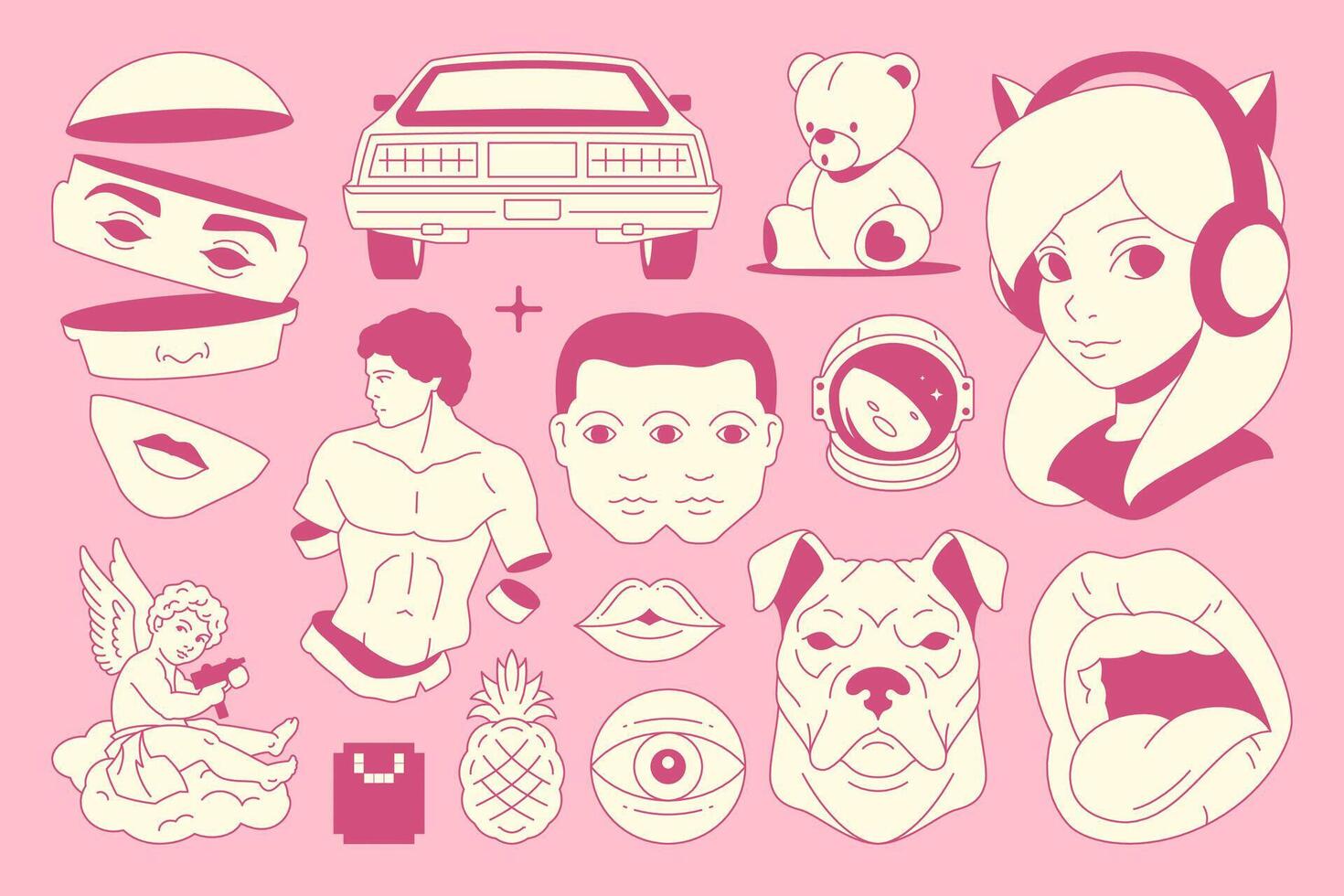 Y2k psychedelic neo gothic emo girl pink retro groovy icon set flat illustration vector