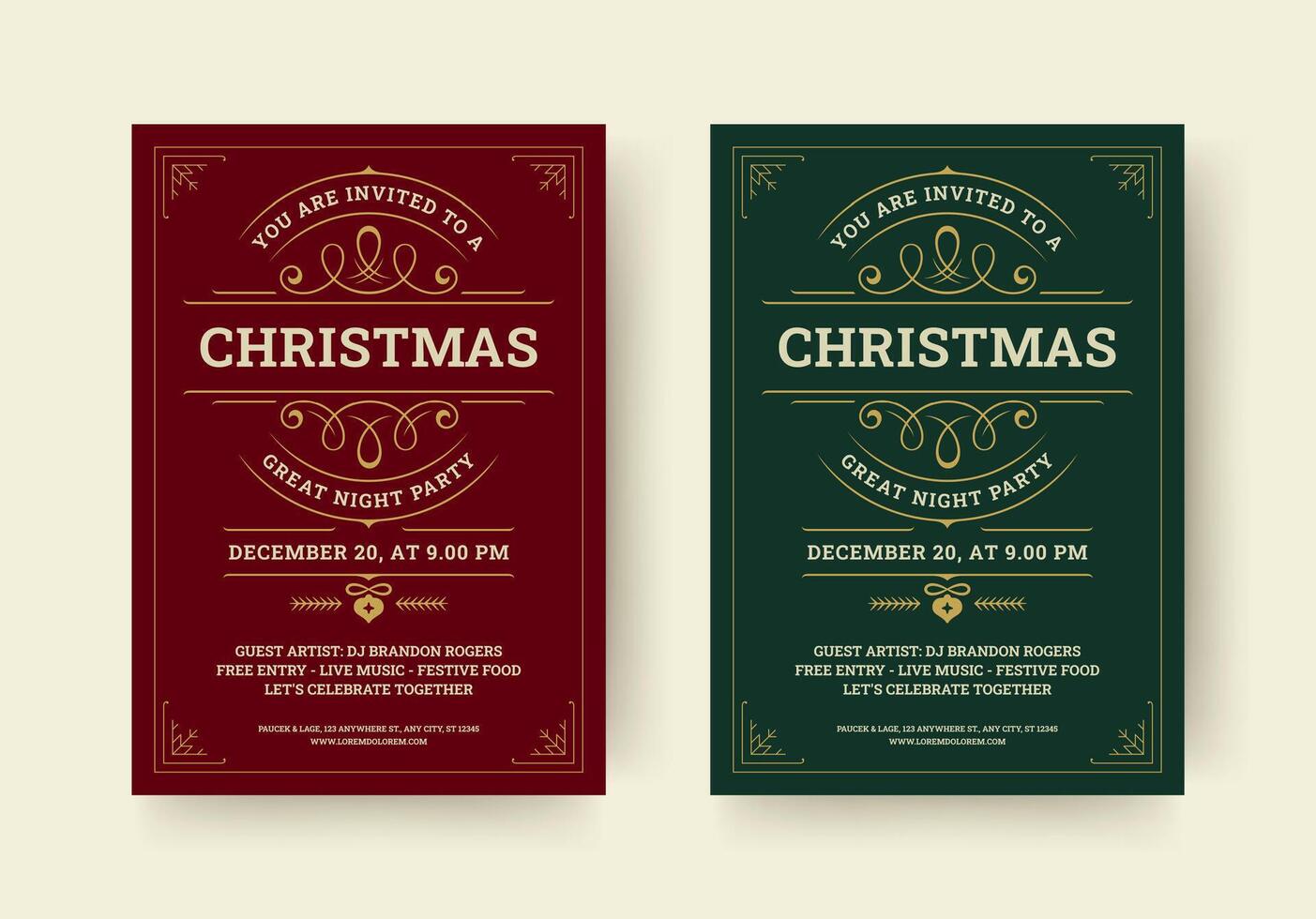 Christmas night party invitation retro flyer design template set flat illustration vector