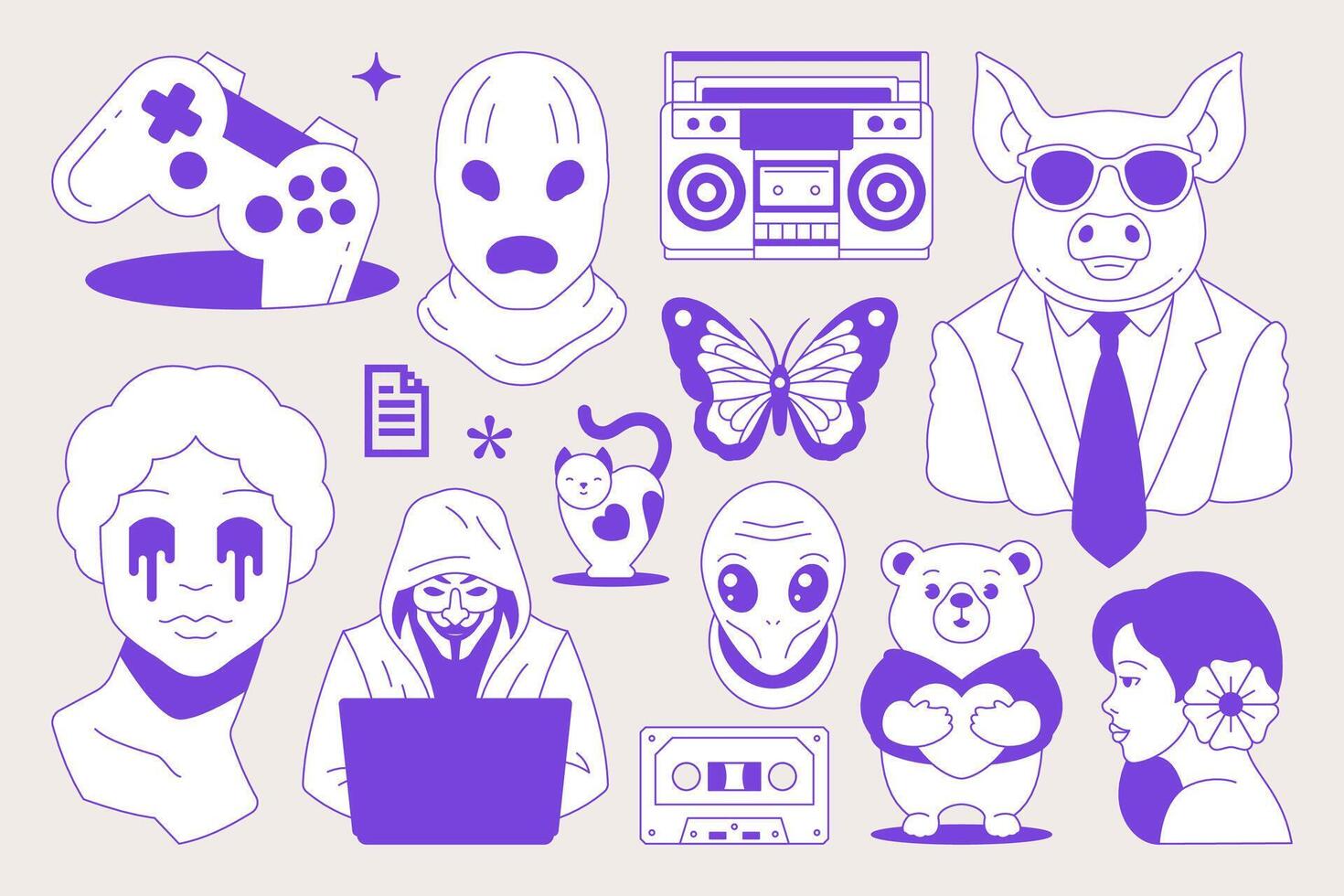 Y2k retro groovy blue sketch ink psychedelic comic icon set flat illustration vector