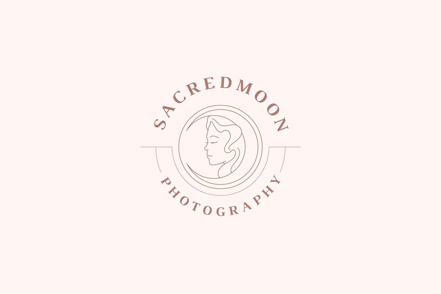 Mythology woman with crescent circle line art logo design template illustration vector
