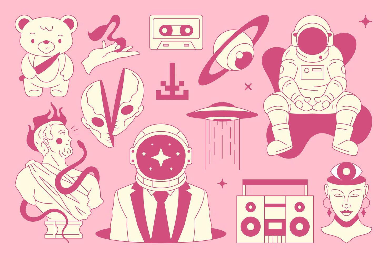 Y2k psychedelic contemporary pop art retro groovy pink girl glam icon set flat illustration vector