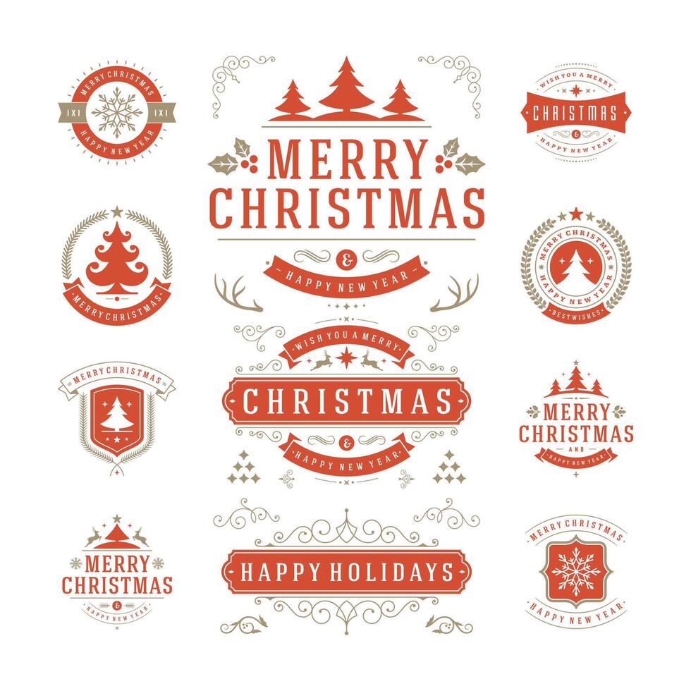 Christmas Labels and Badges Design. Decorations elements, Symbols, Icons, Frames, Ornaments and Ribbons, set. Typographic Merry Christmas and Happy Holidays wishes. vector