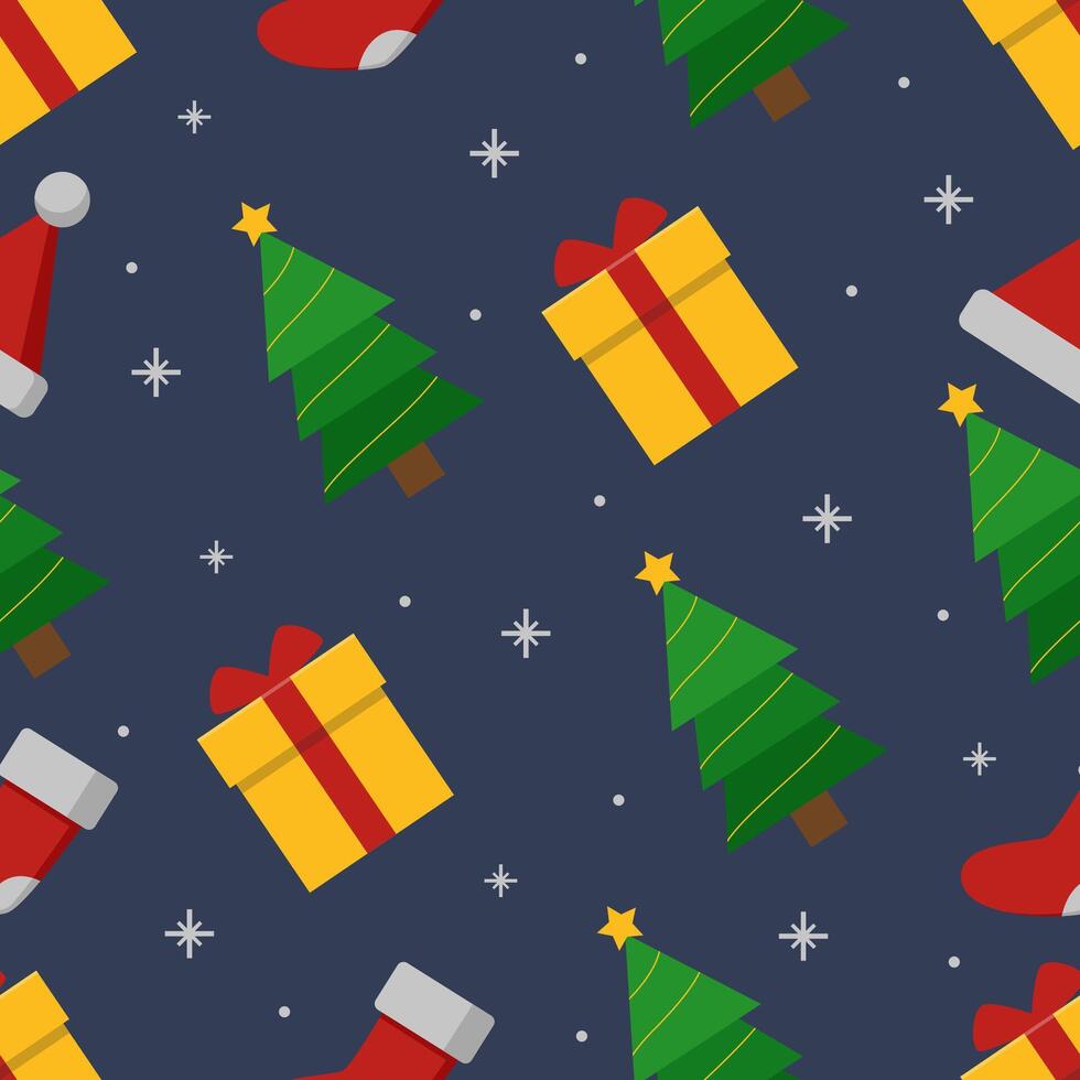 Christmas seamless pattern with Santa hat, pine tree, and gift suitable for wrapping paper vector