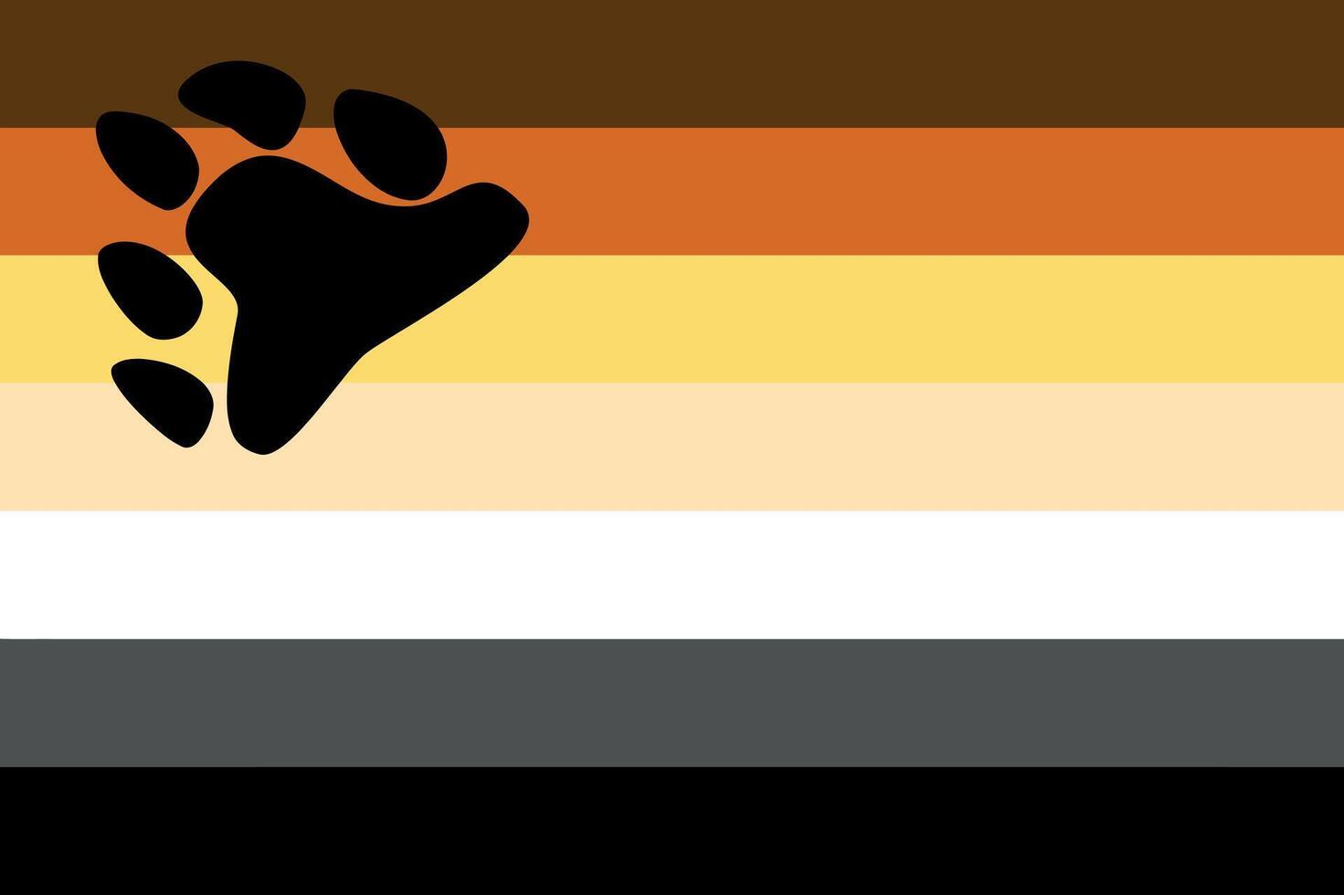 International Bear Brotherhood Flag, LGBT community, seven equally sized horizontal stripes dark brown, orange rust, golden yellow, tan, white, gray, and black, with a bear paw vector