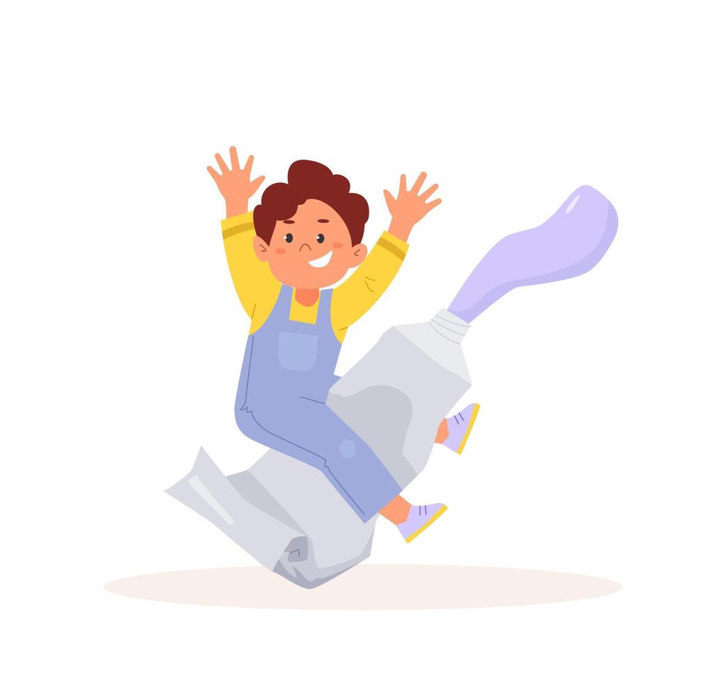 Cute boy artist sits on top of a big tube of paint. Funny cartoon character. Concept of childrens art and design school vector