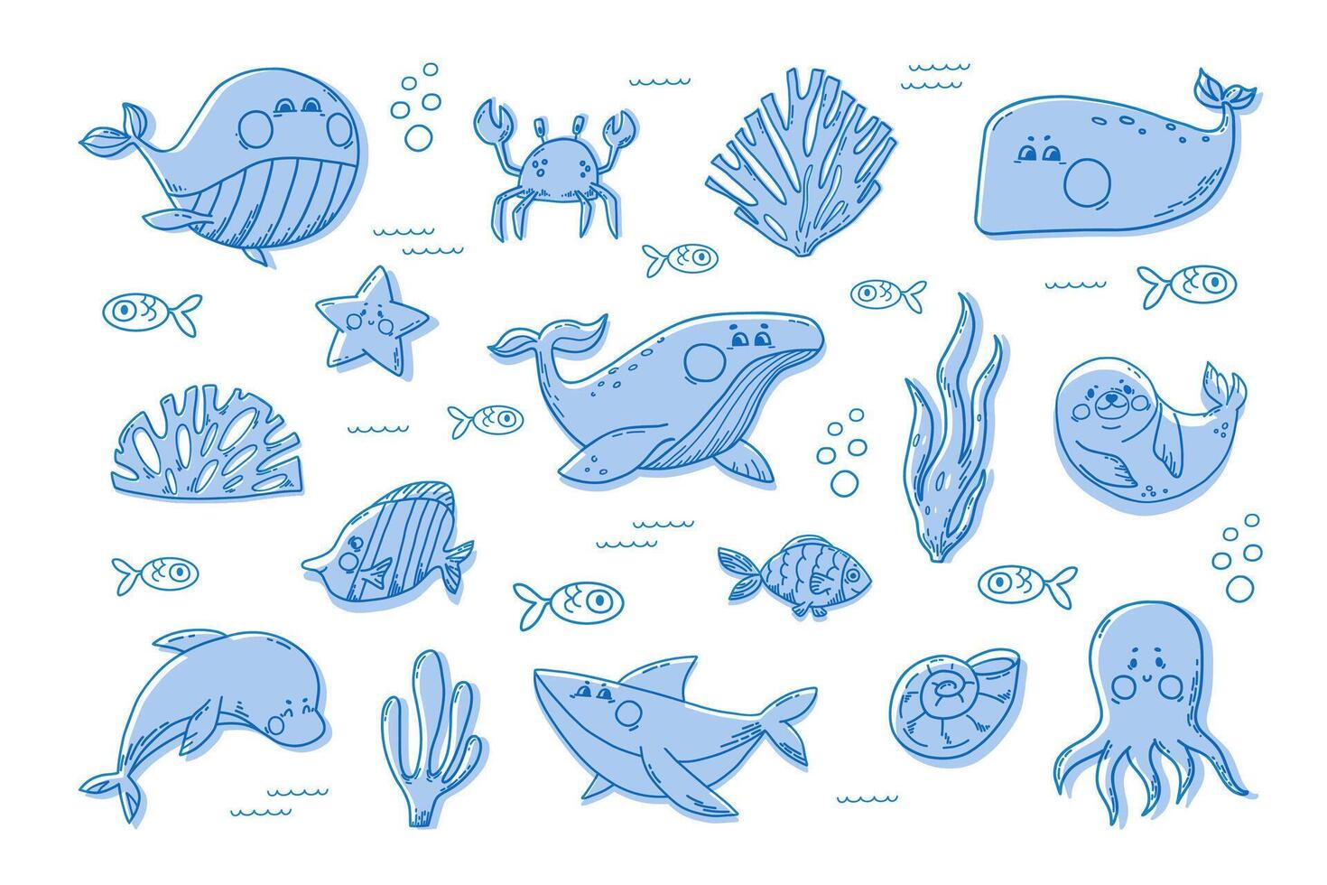 Ocean aquatic animals clipart hand doodle. Funny Underwater mammals different species whales, shark, seal, dolphin, octopus, crab and fishes. Illustration on isolated background vector