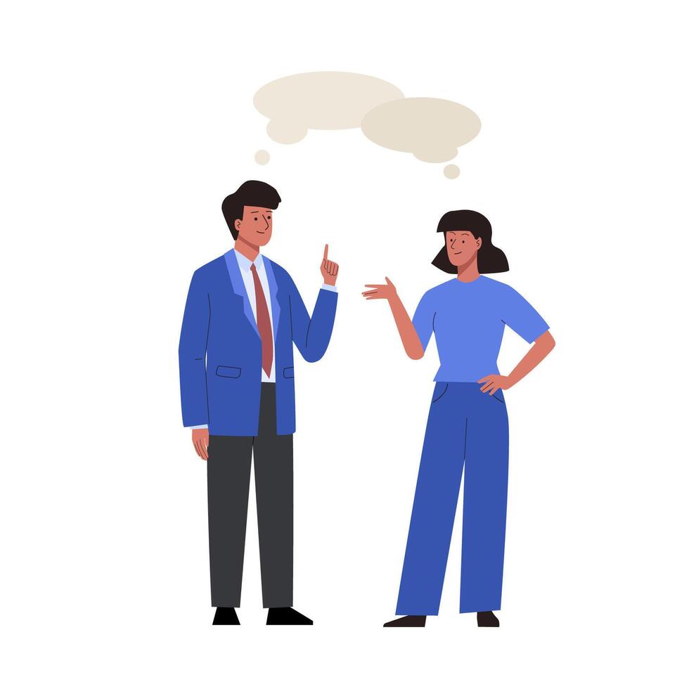 Business people meet and talk with each other. Chatting man and woman with speech bubbles. Dialogues between male and female characters. Flat cartoon illustration vector