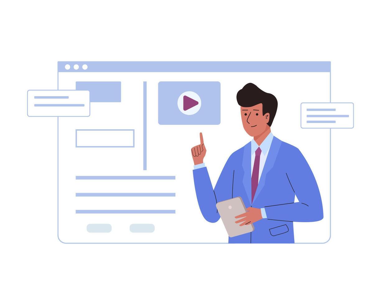 Male teacher provide training online for students or school pupils. Distant education concept. E-learning through conference call. Professor on computer screen. Web seminar or course vector