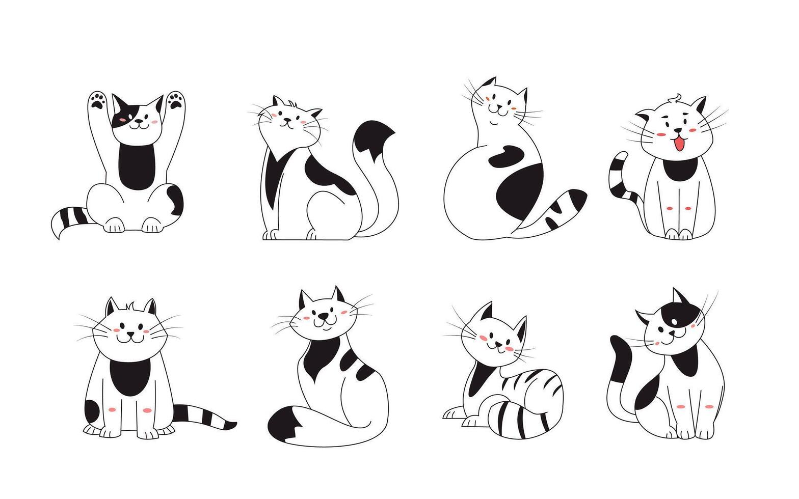 Cute smile cats set. Funny purebred kittens sitting in different poses. Pet animals set hand drawn with contour lines on white isolated background vector