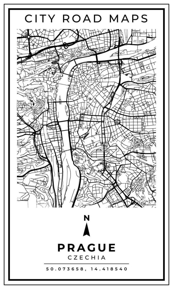 Monochrome Line Art Map of Prague Capital City of Czechia, Illustration and home decoration vector