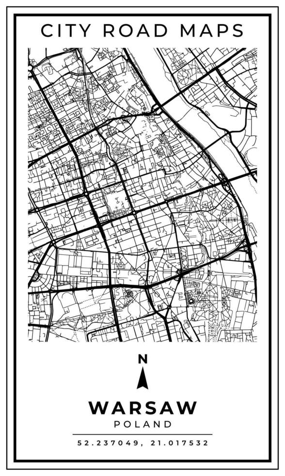 Monochrome Line Art Map of Warsaw Capital City of Poland, Illustration and home decoration vector