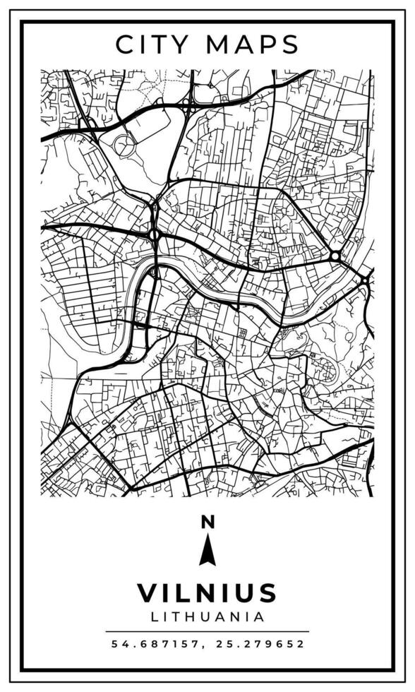 Monochrome Line Art Map of Vilnius Capital City of Lithuania, Illustration and home decoration vector