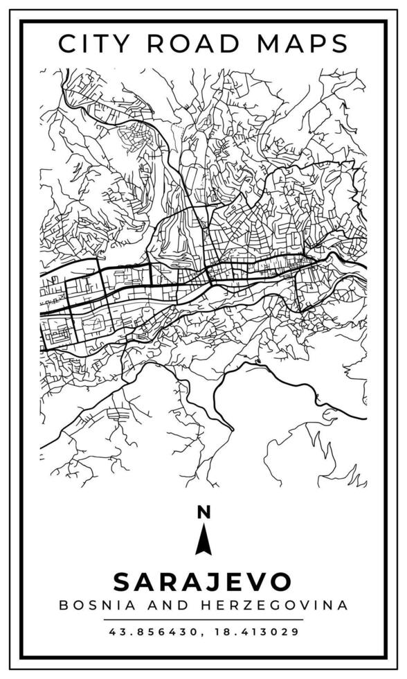 Monochrome Line Art Map of Sarajevo Capital City of Bosnia and Herzegovina, Illustration and home decoration vector