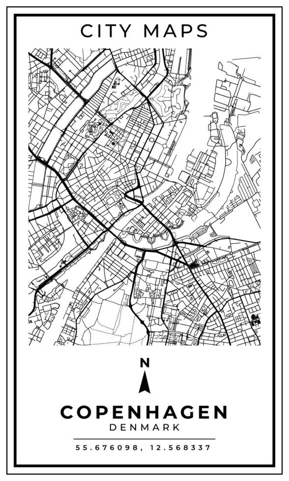 Monochrome Line Art Map of Copenhagen Capital City of Denmark, Illustration and home decoration vector